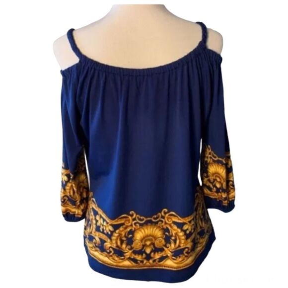 Cache Cold Shoulder Top Blue/Gold size S - Picture 4 of 5